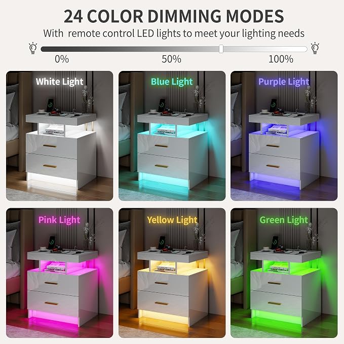 Smart Night Stand with Charging Station, Modern White Nightstand with 24 Color - Image 3