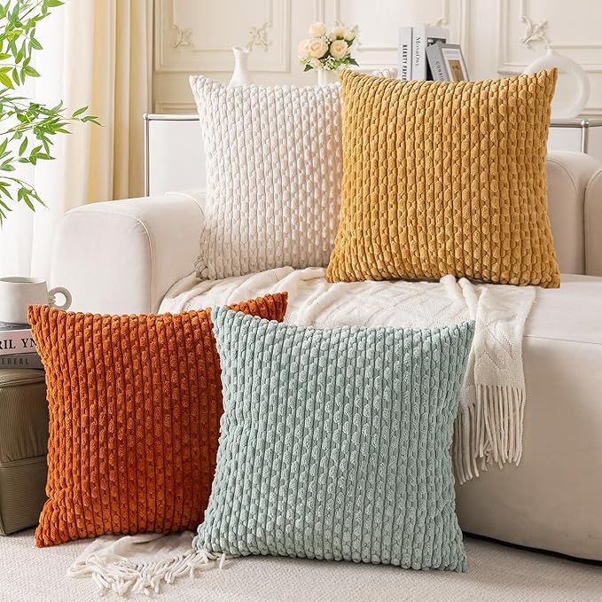 Set of 4 Yellow Rust Aqua Decorative Throw Pillow Covers 16x16 Inch Corduroy by Cozoomy