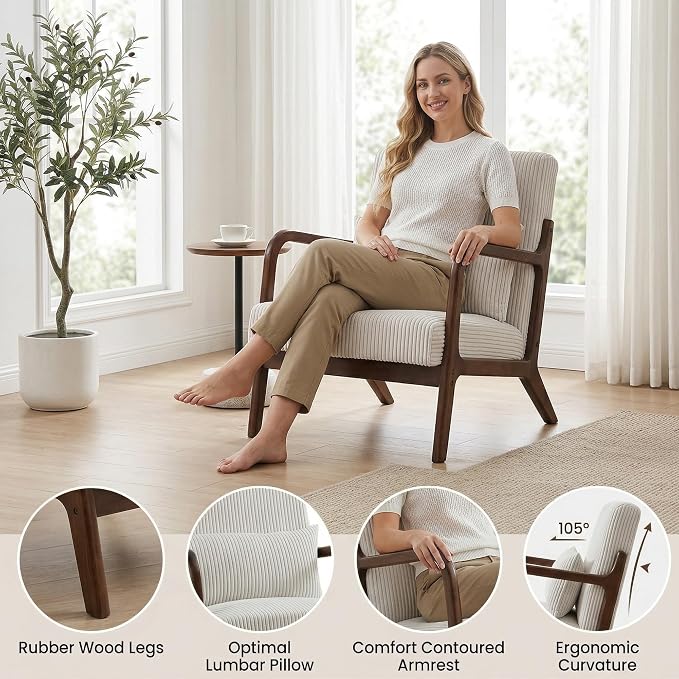 Mid Century Modern Accent Chair, Upholstered Corduroy Armchair - Image 7