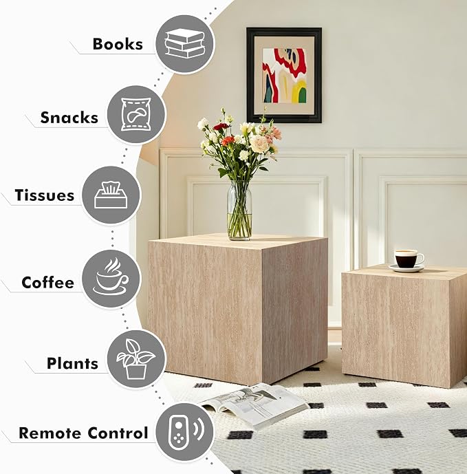 Square Nesting Tables for Living Room, Wood Travertine Veneer Nesting Coffee - Image 4