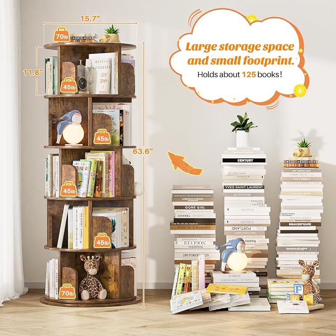 Aheaplus Rotating Bookshelf, 360 Display Wood Spinning Bookshelf Tower - Image 3