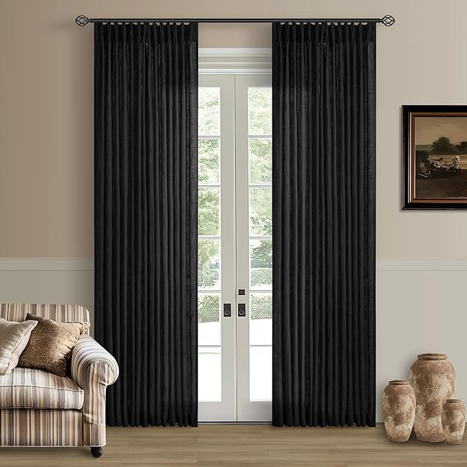 Black Pinch Pleated Linen Semi Sheer 80 Inch Curtains 2 Panels | Light Filtering by Twodrapes
