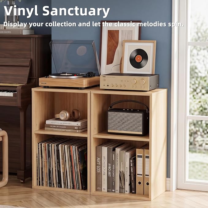 YAHARBO 2 Cube Bookshelf, Natural Record Player Stand - Image 4