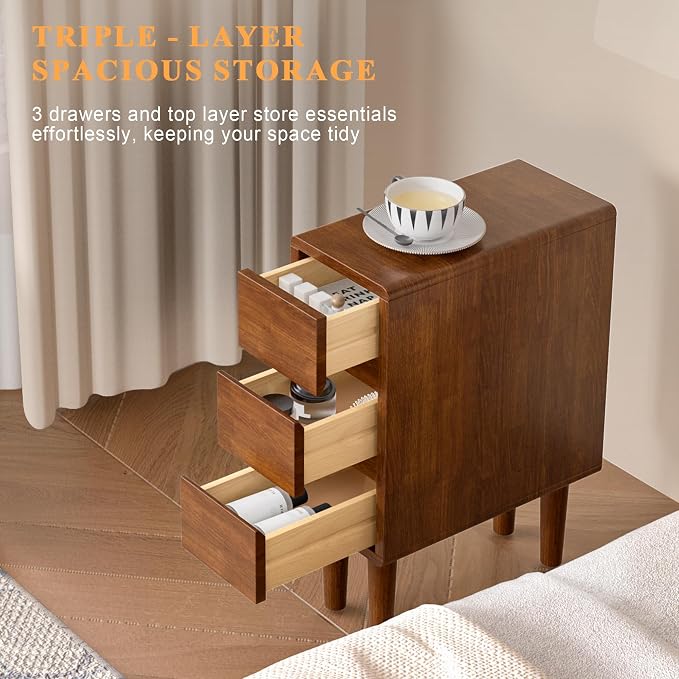 Narrow Nightstand with 3 Drawers Narrow Night Stand Solid Wood Bedside Table - Image 3