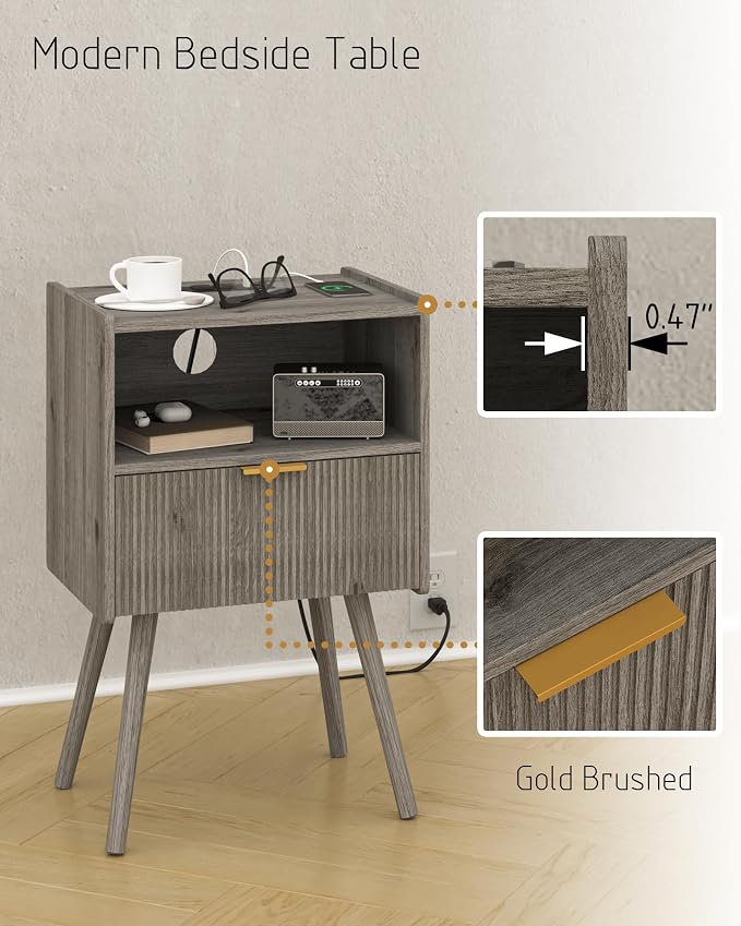 JOONEE Nightstand with Outlet, Modern Bedside Table with Storage Drawer and - Image 5