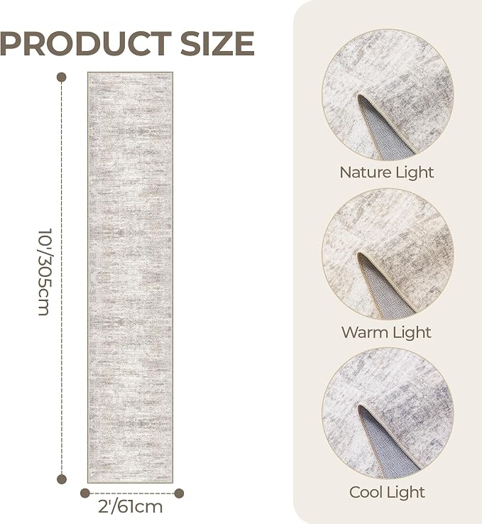 2x10 Runner Rug Non Slip, Washable Hallway Runner Rug, Taupe | Long Neutral Rugs - Image 2