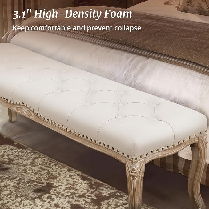 Cozyman Bedroom Bench, French Vintage Entryway Bench 52.5" Carving Upholstered - Image 5