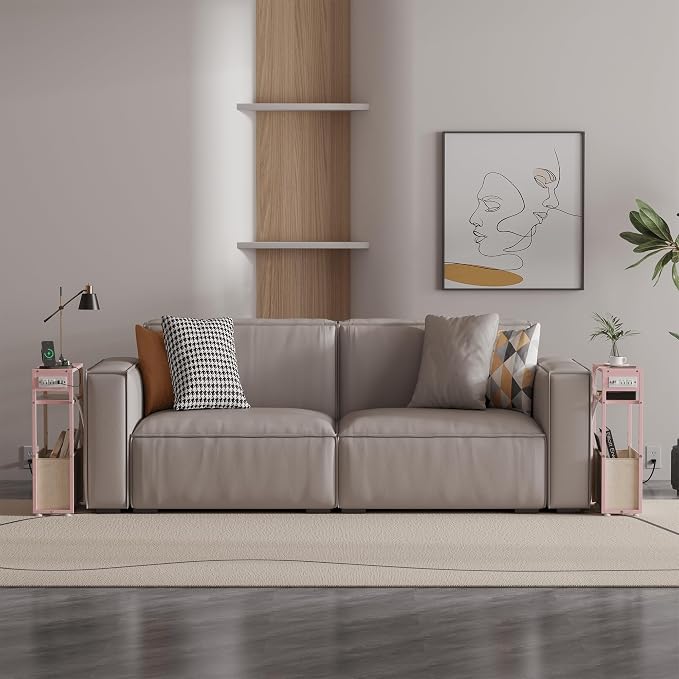Leomonio Pink Side Table with Charging Station, Slim End Tables with Linen - Image 5