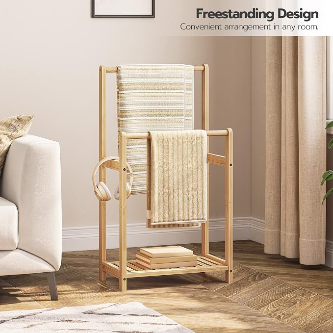 HOOBRO Freestanding Towel Rack for Bathroom, 2 Tier Decorative Bamboo Blanket - Image 3