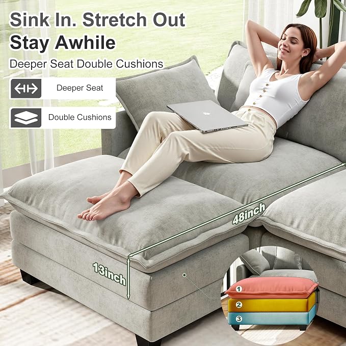 146" Cloud Couch Sectional, U Shaped Modular Sectional Sofa, 4-Seat Deep Seat - Image 4