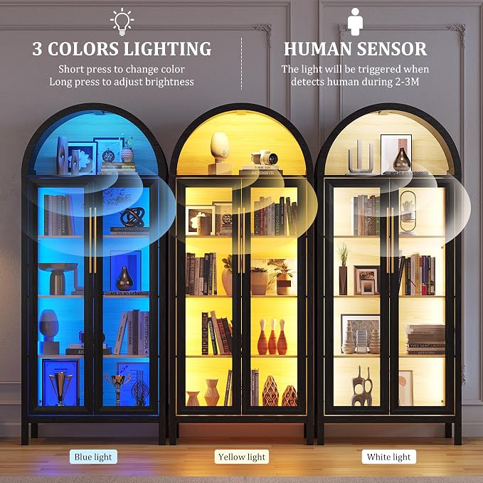 HWB Display Cabinet with Glass Doors, 5-Tier Tall Curio Cabinet with Lights - Image 3