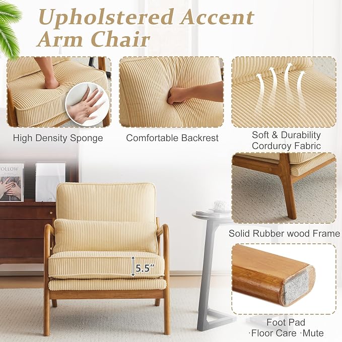 VINGLI Upgraded Premium Corduroy Accent Chair, Upholstered Arm Chair, Solid - Image 3