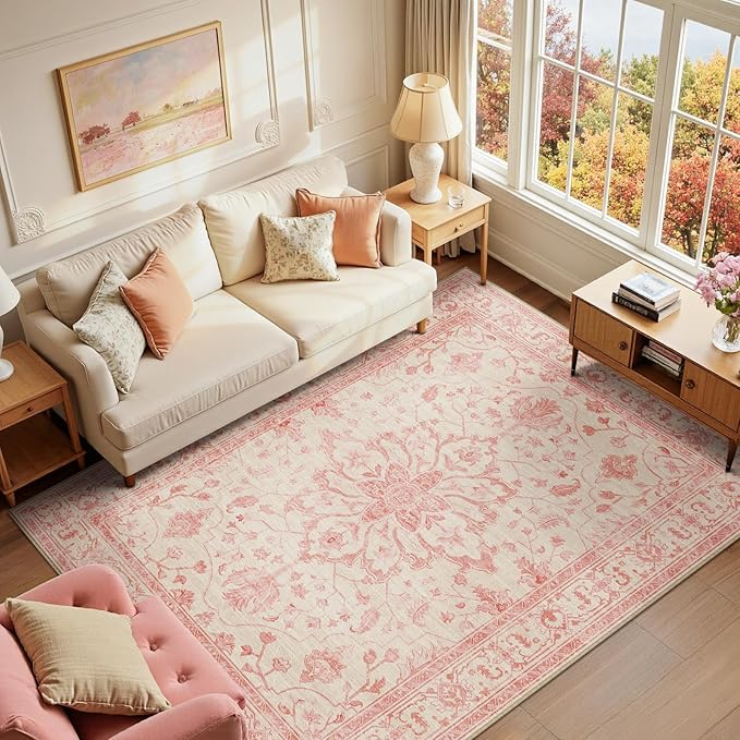 RELEANY Area Rugs 6'x9' Washable Non-Slip, Floral Vintage Distress Print by RELEANY