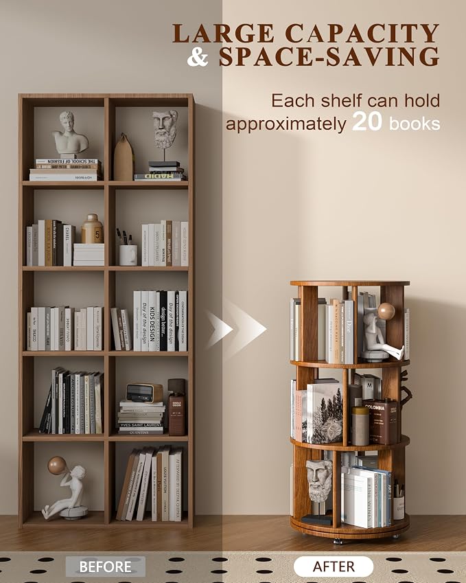 3-Tier Solid Wood Rotating Bookshelf on Wheels, 360° Spinning Book Shelf Tower - Image 3