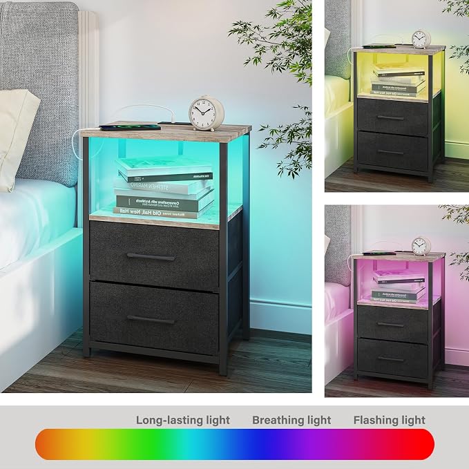TUTOTAK LED End Table with Charging Station, Nightstand with Cloth Drawer - Image 5