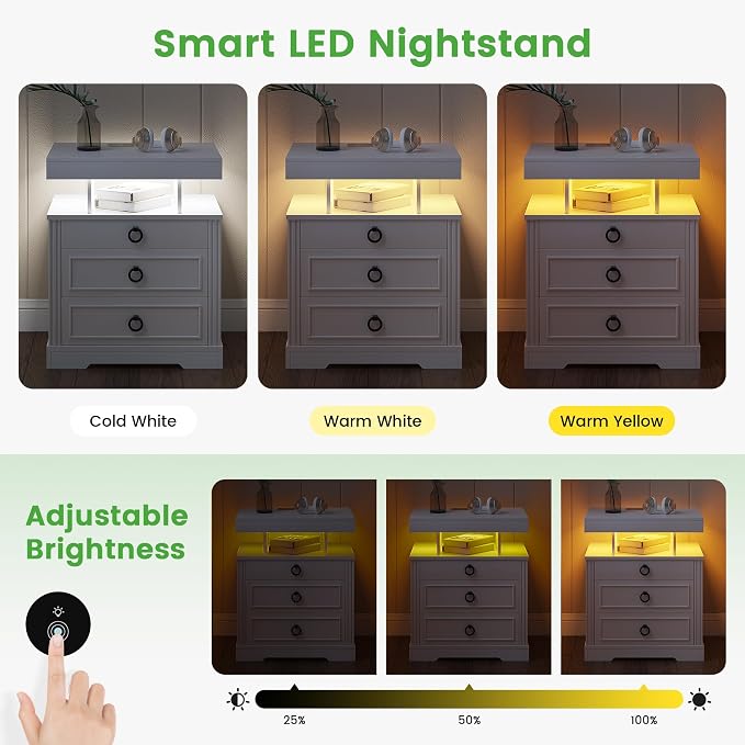 HNEBC Night Stand with Gun Drawers, Farmhouse Nightstand with Charging Station - Image 3