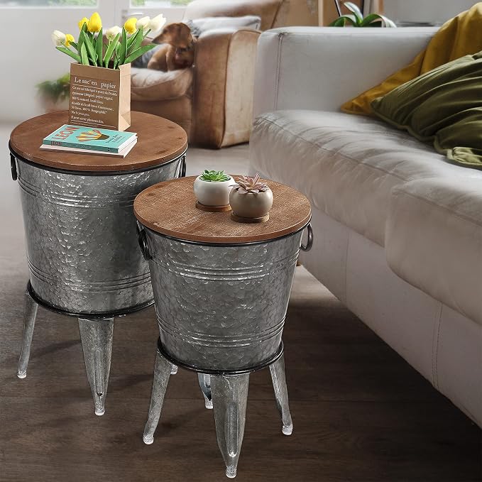 Rustee Rustic Storage Farmhouse Accent Side Table, Antique Galvanized Metal End - Image 4