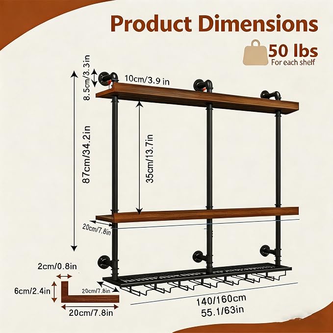 Wall Mounted Wine Rack with LED Lights, 4-Tier Industrial Wood Floating Shelves - Image 2