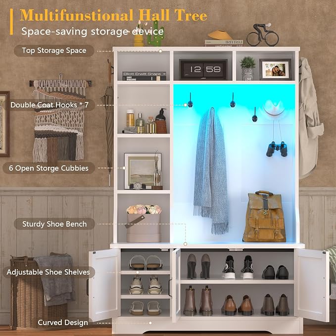CSZZD White Hall Tree with Bench and Shoe Storage, Entryway Bench with Coat - Image 2