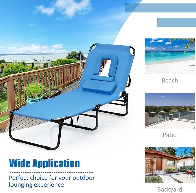 Folding Beach Lounge Chair w/ 5 Adjutable Backrest & Padded Pillow, Sunbathing - Image 8