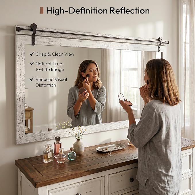 27"x49" Large Whitewashed Barn Door Wall Mirror, Horizontal Solid Wood Framed - Image 5