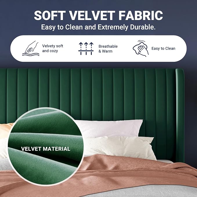 Allewie Queen Size Bed Frame/Velvet Upholstered Platform Bed/Vertical Channel - Image 6