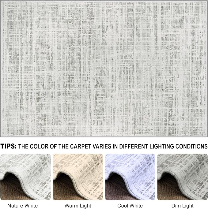 5x7 Washable Area Rug for Living Room Bedroom: Non-Slip Modern White Gray | - Image 8