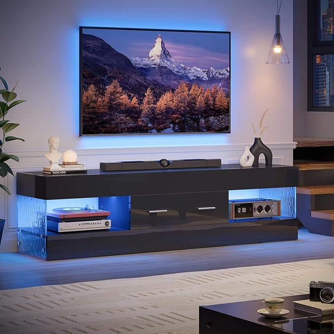 Bestier Black TV Stand for 55/60/65 Inch TV, High Gloss Modern TV Stand by Bestier