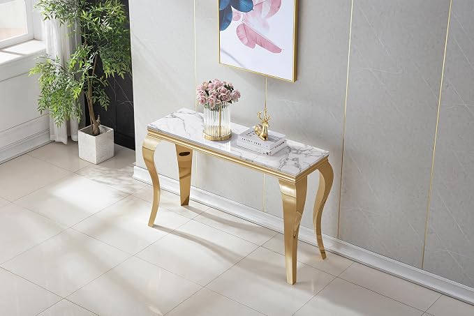 Henf 47" Marble Console Table Entryway Table Modern White Faux Marble Accent - Image 6