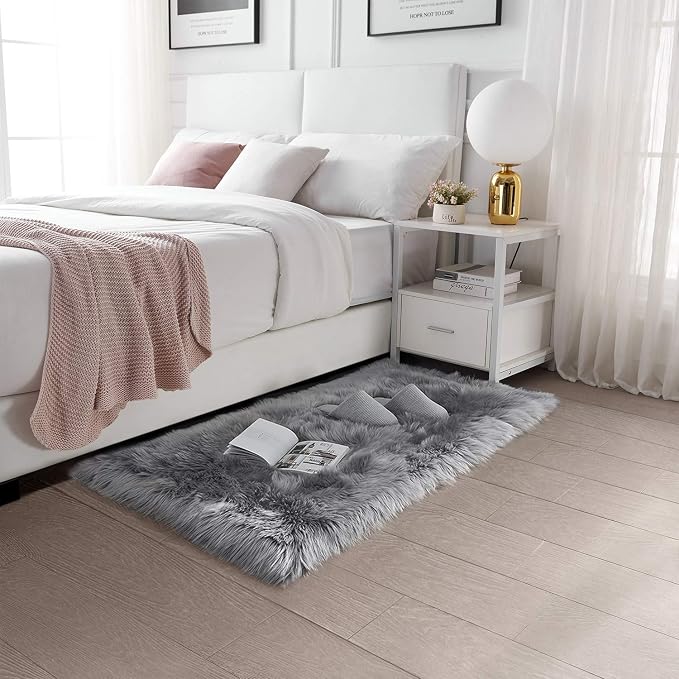 SERISSA 2x4 Fluffy Grey Faux Sheepskin Shaggy Rug - Image 2