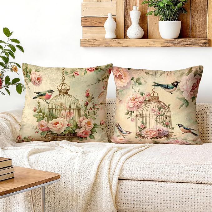 OBSEDE Vintage Throw Pillow Covers Set of 2, 18x18 Inch Pink Rose and Bird Print - Image 4