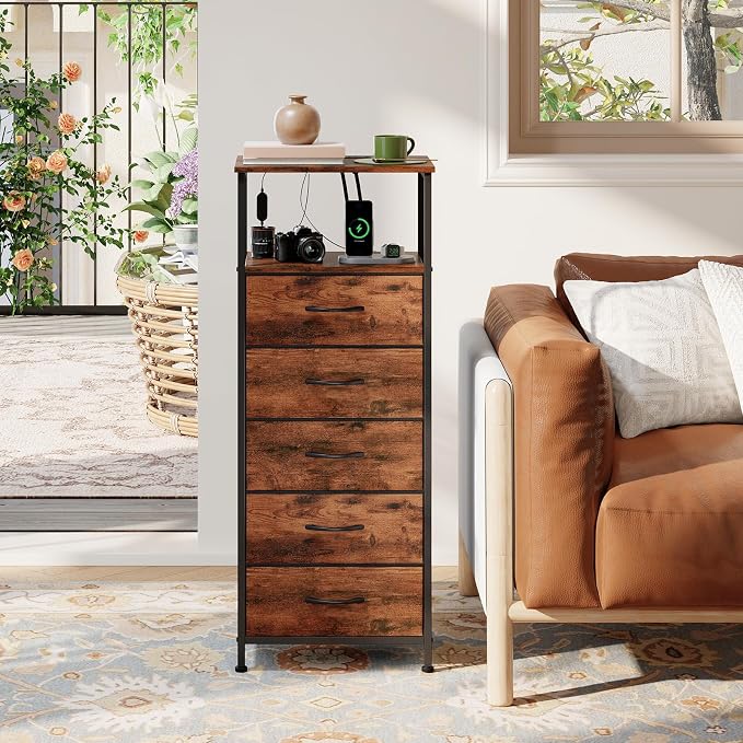 Somdot Tall Nightstand with Charging Station and LED Light - Image 7
