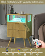 JOONEE Nightstand with Charging Station and LED Lights, Modern Bedside Table - Image 4