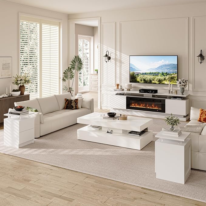 4-Piece Modern Living Room Table Set, Includes High Gloss 70" Fireplace TV Stand - Image 5