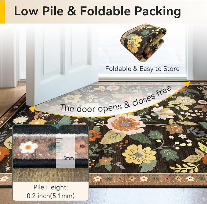 RELEANY Floral Washable 6x9 Area Rugs Black/Yellow | Flower Carpet Print Boho - Image 4