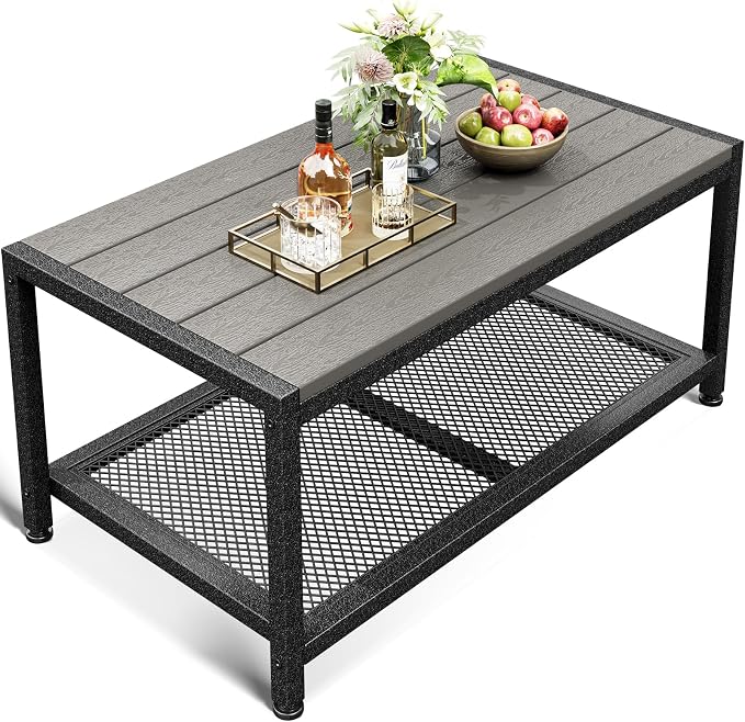 ODK Outdoor Coffee Table with Double-Layer Storage, Rectangle Weather-Resistant by ODK