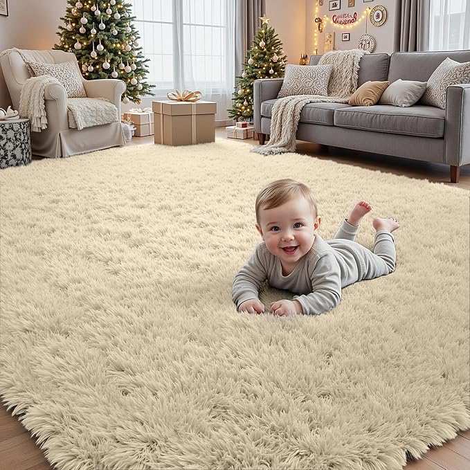 5x7 Fluffy Shag Area Rugs for Living Room Bedroom: Soft Plush Carpet Beige | by CarpetAddColortoYourLife