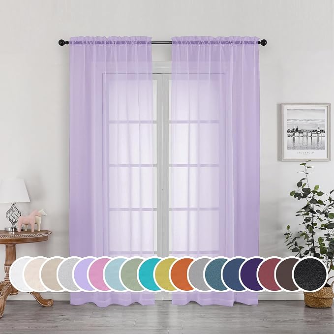 Lavender Sheer Curtains 72 Inches Long Set of 2, Airy Sheer Curtains & Drapes by OWENIE