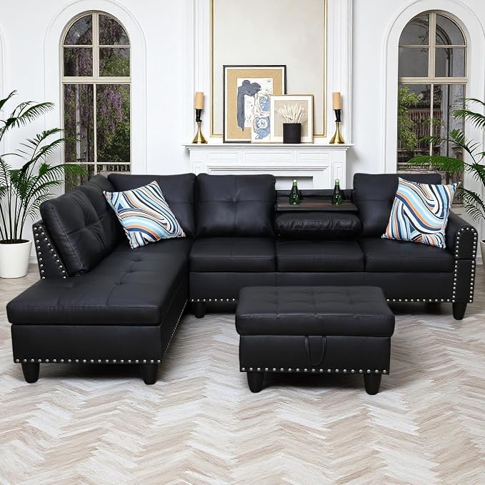 97.5" Leather L Shaped Couch Set Black, Modular Sectional Couches by Topcomfy