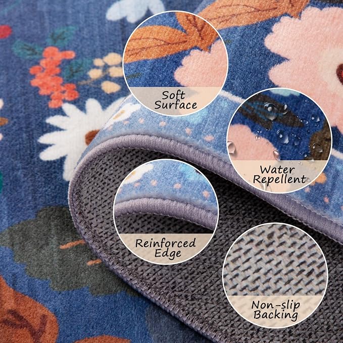 Floral Washable 2x5 Area Rugs Runner Entryway Hallway Blue/Grey | Flower Carpet - Image 4