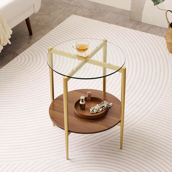 LumFurn Round Glass End Table, Mid-Century Modern Design Sofa Table by LumFurn