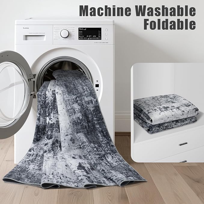 2.6x8 Washable Runner Rug：Modern Abstract Soft Carpet Dark Black | - Image 5
