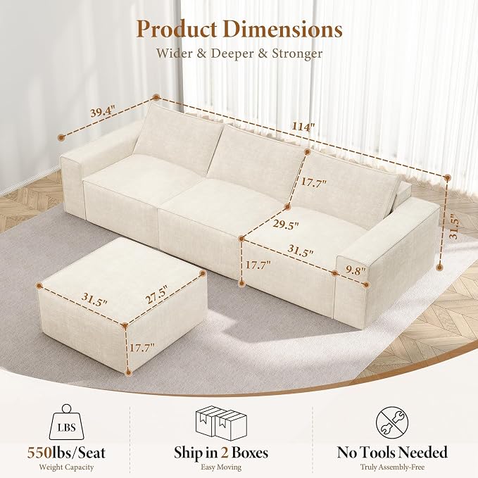 Vesgantti 114" Boneless Modular Sectional Sofa, Modern 3 Seater Couch - Image 3