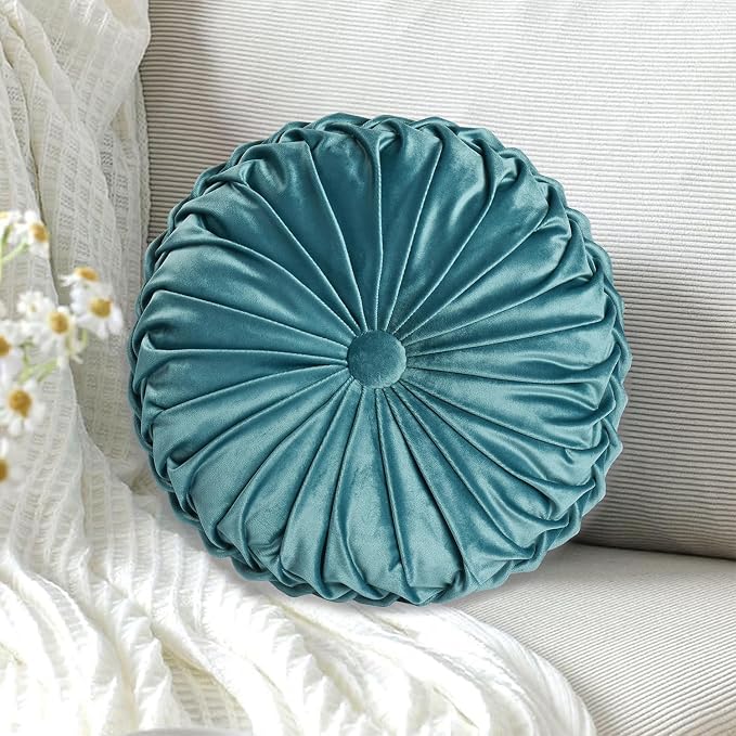HIG Set of 2 Teal Velvet Decorative Round Pleated Throw Pillows | Vintage Floor - Image 2