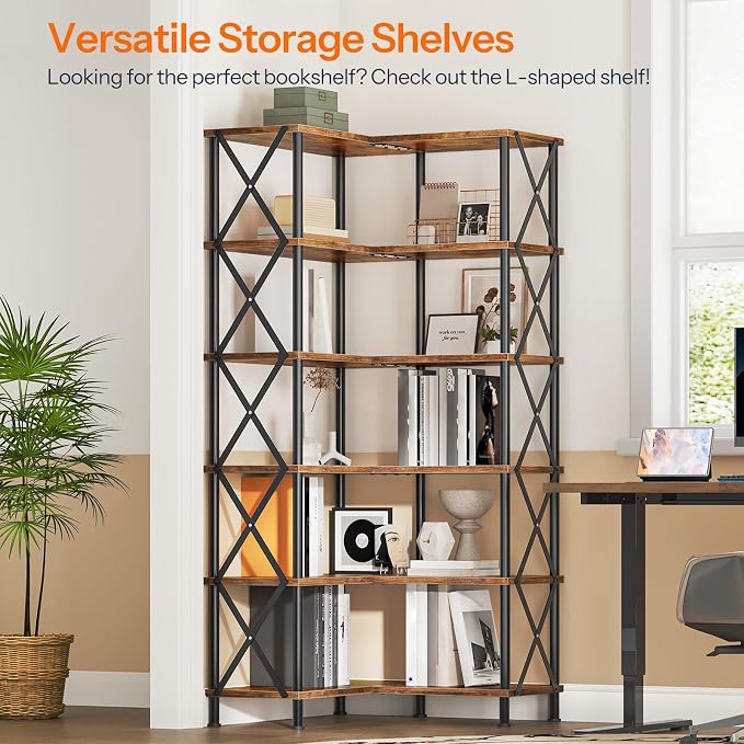 HOOBRO Corner Bookshelf, 6-Tier L-Shaped Bookcase, Industrial Open Display - Image 4
