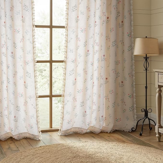Boho Floral Light Filtering Curtains 84 Inch 2 Panels Linen Texture | Farmhouse - Image 2