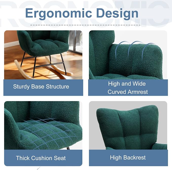 DUMOS Rocking Chair with Wing Backrest, Teddy Comfy Upholstered Indoor Reading - Image 3