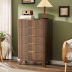 VINGLI Fluted Tall Dresser 5 Drawer Chest of Drawers, Walnut Wood Dresser - Image 7