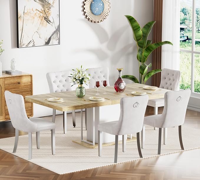 Henf 63"-79" Dining Table Set for 6, 7 Pieces Extendable Dining Table and 6 by Henf