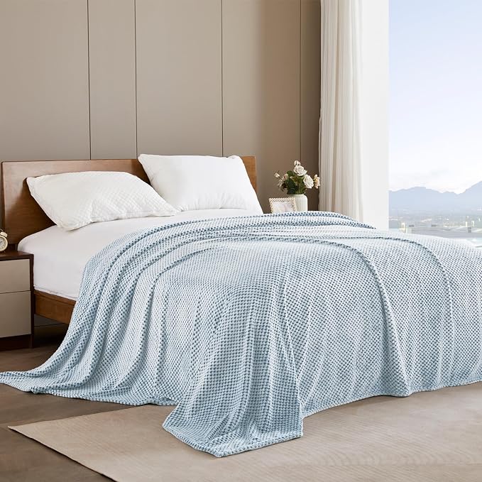 Exclusivo Mezcla Soft Waffle Fleece Bed Blanket Queen Size, Heather Blue | - Image 3
